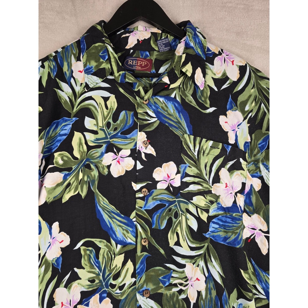 REPP LTD Hawaiian Shirt Mens XLT Black Tropical Floral Rayon Button Up *Read